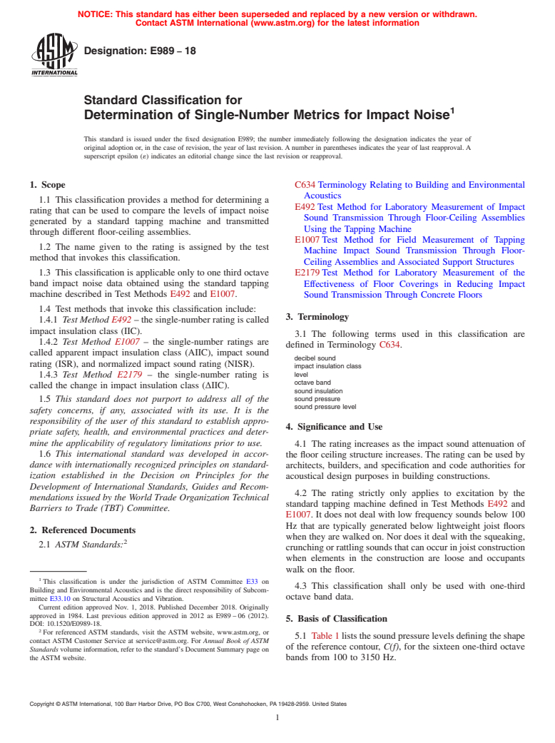 ASTM E989-18 - Standard Classification for  Determination of Single-Number Metrics for Impact Noise