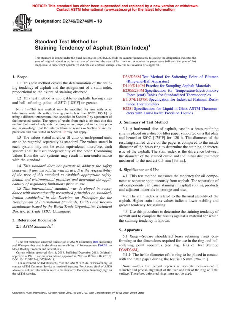 ASTM D2746/D2746M-18 - Standard Test Method for  Staining Tendency of Asphalt (Stain Index)