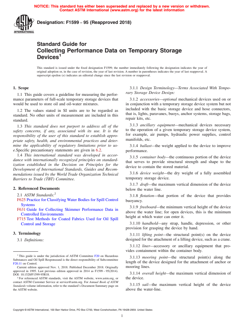 ASTM F1599-95(2018) - Standard Guide for  Collecting Performance Data on Temporary Storage Devices