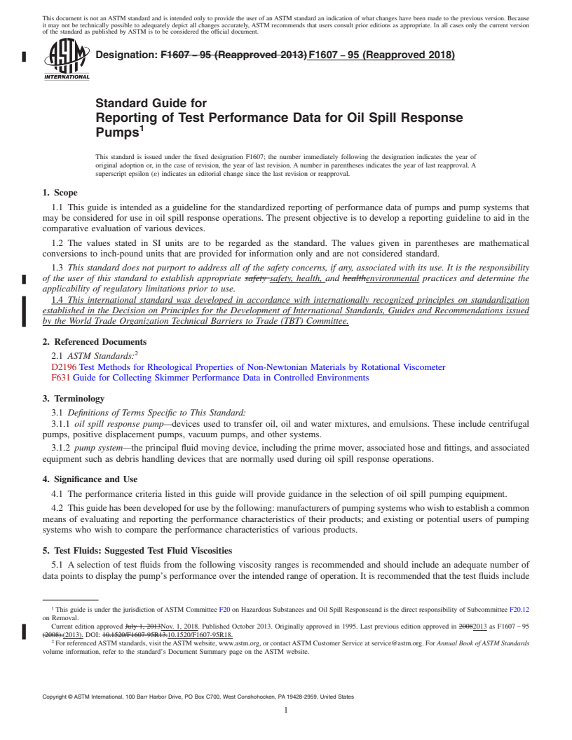 REDLINE ASTM F1607-95(2018) - Standard Guide for  Reporting of Test Performance Data for Oil Spill Response Pumps