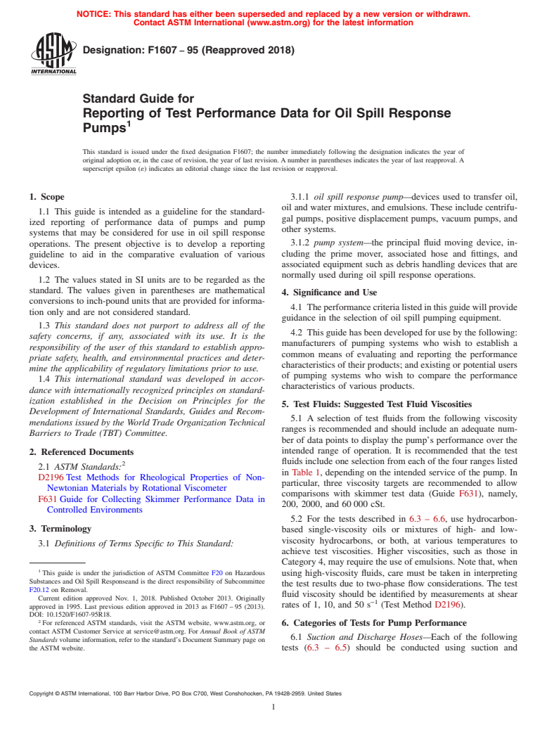 ASTM F1607-95(2018) - Standard Guide for  Reporting of Test Performance Data for Oil Spill Response Pumps