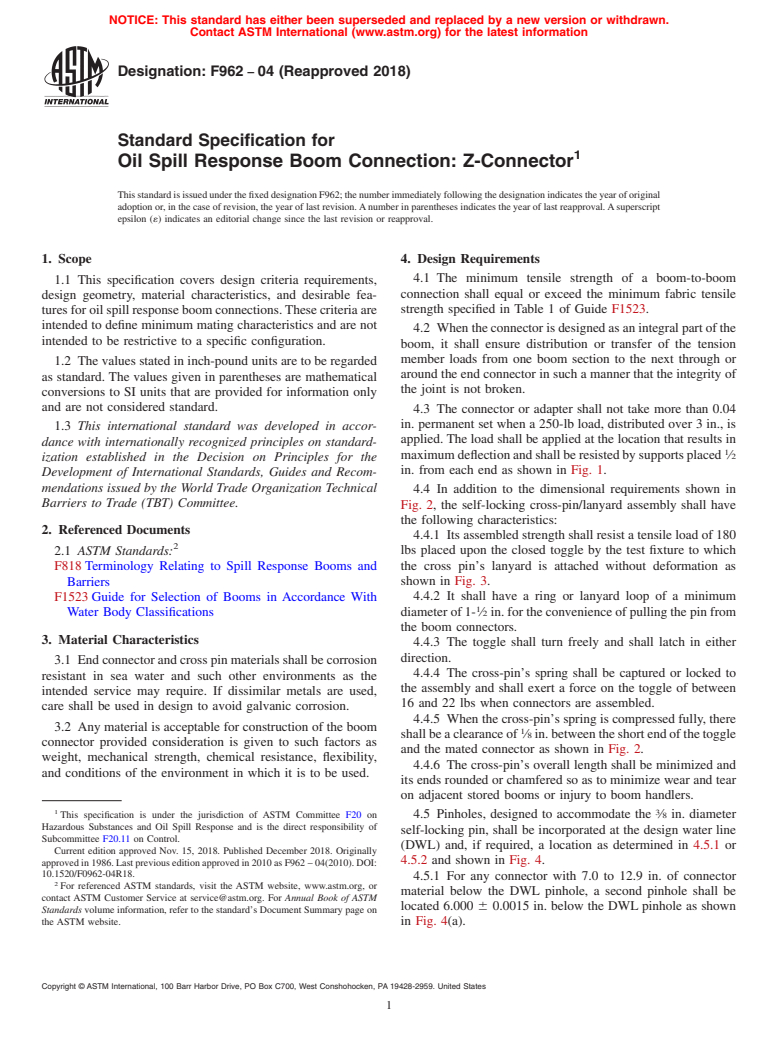 ASTM F962-04(2018) - Standard Specification for  Oil Spill Response Boom Connection: Z-Connector
