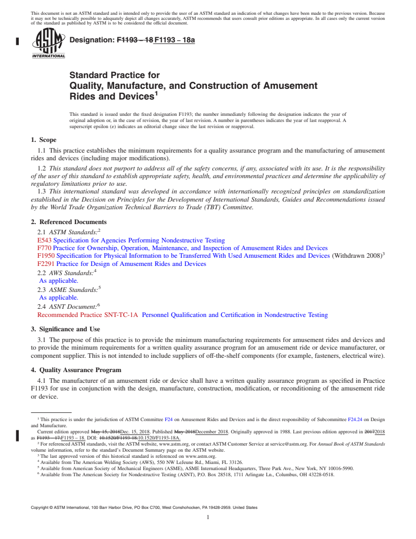 REDLINE ASTM F1193-18a - Standard Practice for Quality, Manufacture, and Construction of Amusement Rides and  Devices