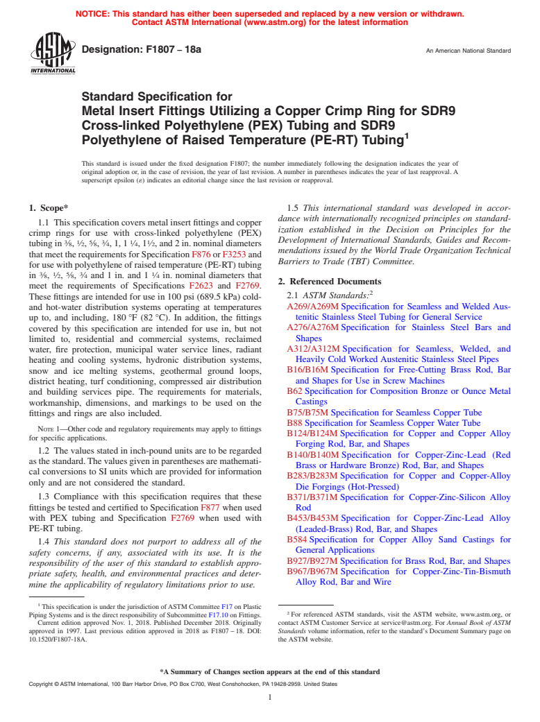 ASTM F1807-18a - Standard Specification for  Metal Insert Fittings Utilizing a Copper Crimp Ring for SDR9   Cross-linked Polyethylene (PEX) Tubing and SDR9 Polyethylene of Raised   Temperature (PE-RT) Tubing