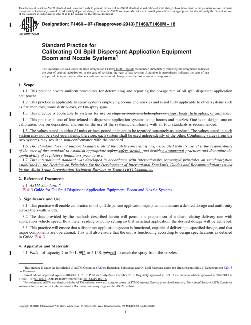 REDLINE ASTM F1460/F1460M-18 - Standard Practice for  Calibrating Oil Spill Dispersant Application Equipment Boom  and Nozzle Systems