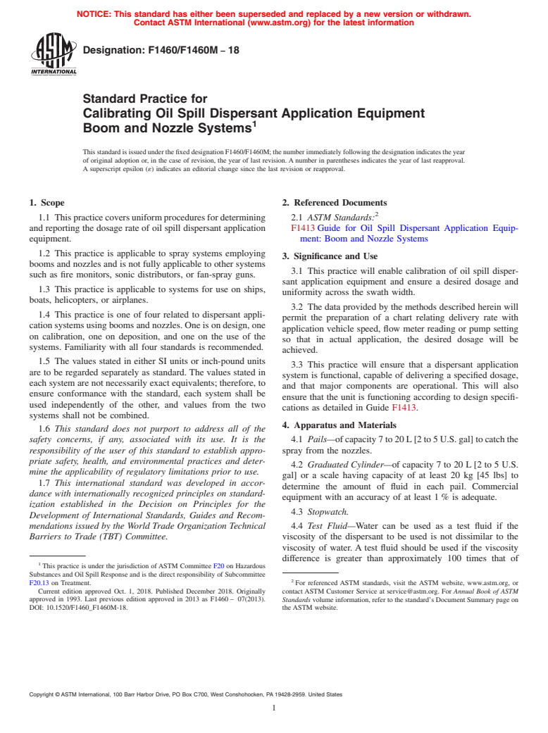 ASTM F1460/F1460M-18 - Standard Practice for  Calibrating Oil Spill Dispersant Application Equipment Boom  and Nozzle Systems