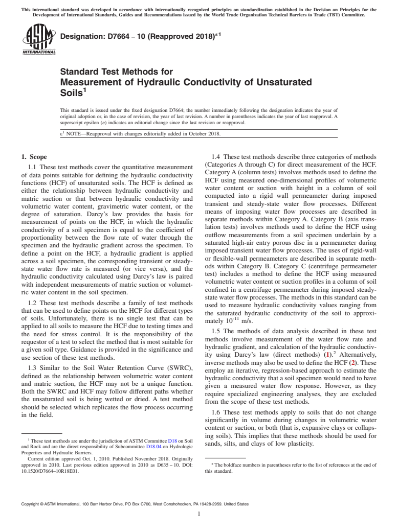 ASTM D7664-10(2018)e1 - Standard Test Methods for  Measurement of Hydraulic Conductivity of Unsaturated Soils