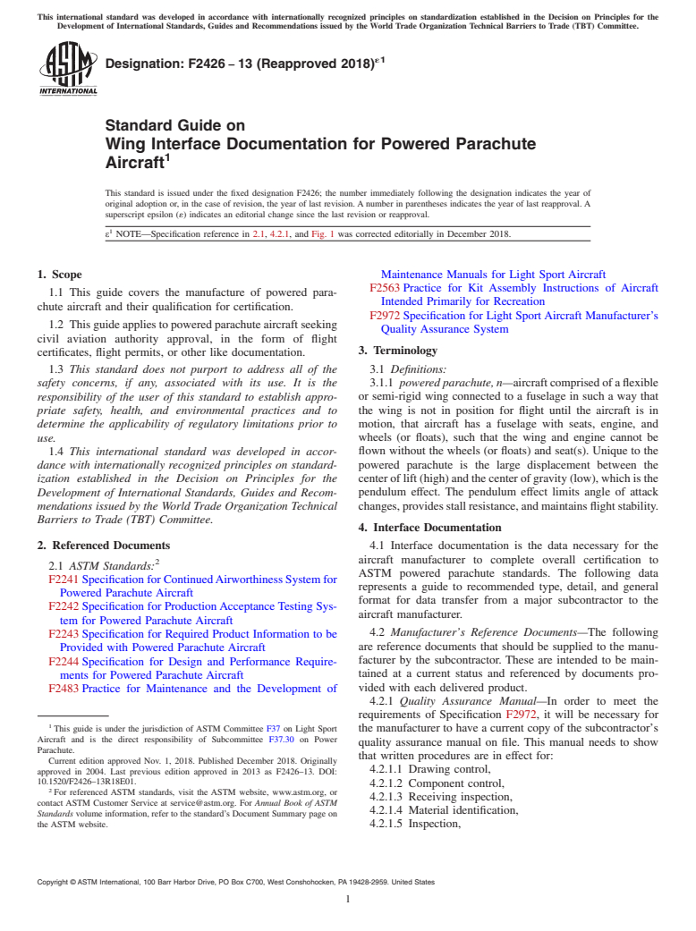 ASTM F2426-13(2018)e1 - Standard Guide on Wing Interface Documentation for Powered Parachute Aircraft