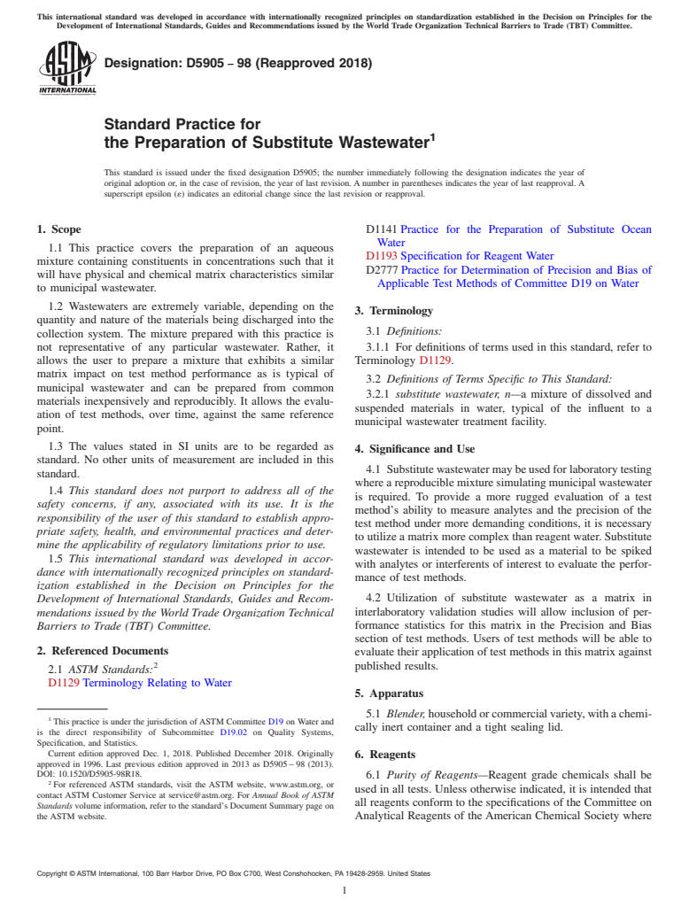 ASTM D5905-98(2018) - Standard Practice for  the Preparation of Substitute Wastewater