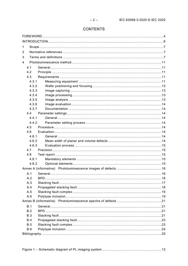 IEC 63068-3:2020 IEC 63068-3:2020 - Semiconductor devices - Non-destructive recognition criteria of defects in silicon carbide homoepitaxial wafer for power devices - Part 3: Test method for defects using photoluminescence - Page 4 preview
