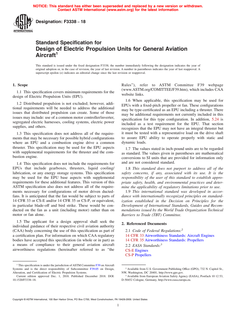 ASTM F3338-18 - Standard Specification for Design of Electric Propulsion Units for General Aviation Aircraft