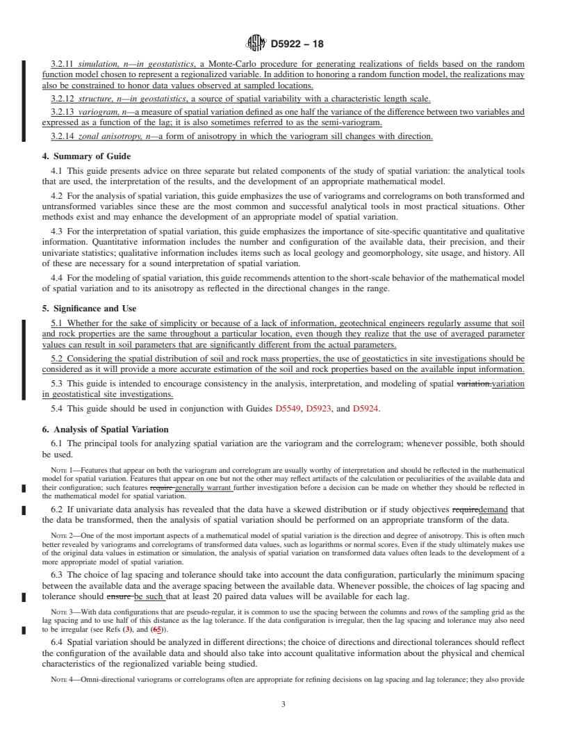 REDLINE ASTM D5922-18 - Standard Guide for  Analysis, Interpretation, and Modeling of Spatial Variation  in Geostatistical Site Investigations
