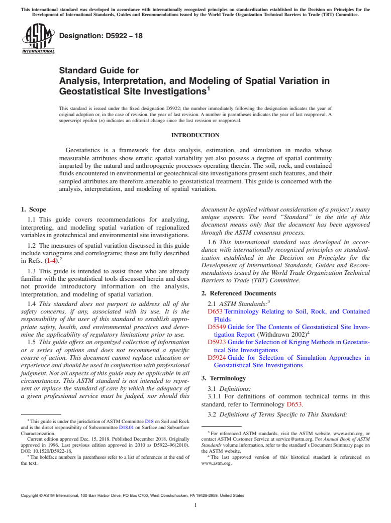 ASTM D5922-18 - Standard Guide for  Analysis, Interpretation, and Modeling of Spatial Variation  in Geostatistical Site Investigations