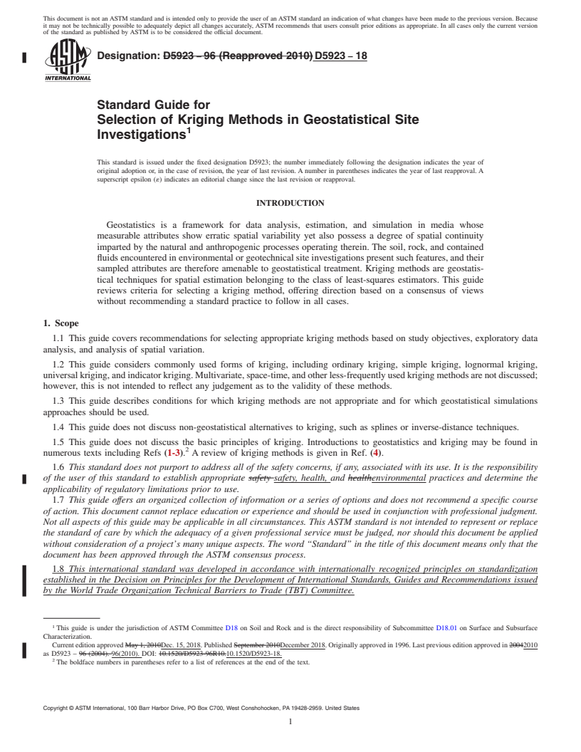 REDLINE ASTM D5923-18 - Standard Guide for Selection of Kriging Methods in Geostatistical Site Investigations