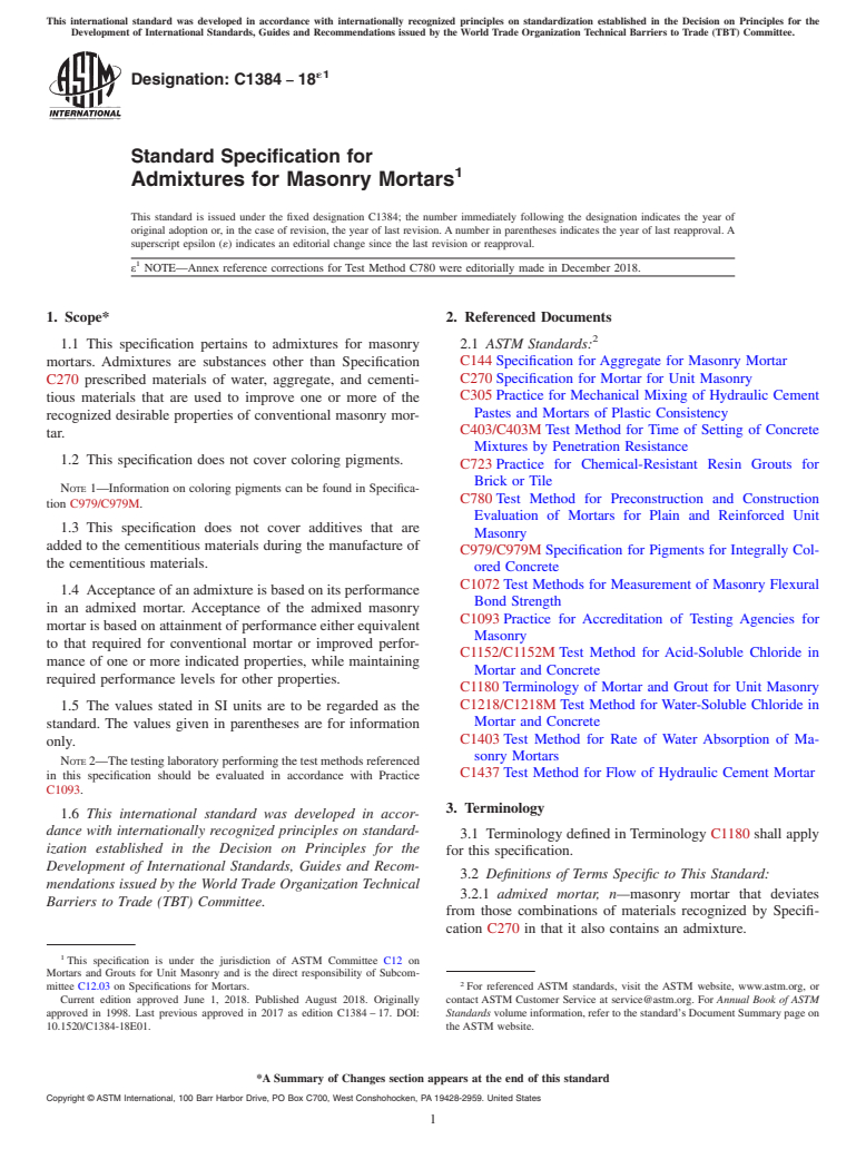 ASTM C1384-18e1 - Standard Specification for Admixtures for Masonry Mortars
