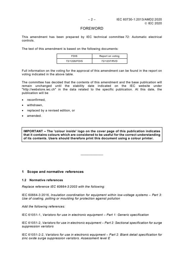 IEC 60730-1:2013/AMD2:2020 IEC 60730-1:2013/AMD2:2020 - Amendment 2 - Automatic electrical controls - Part 1: General requirements - Page 4 preview