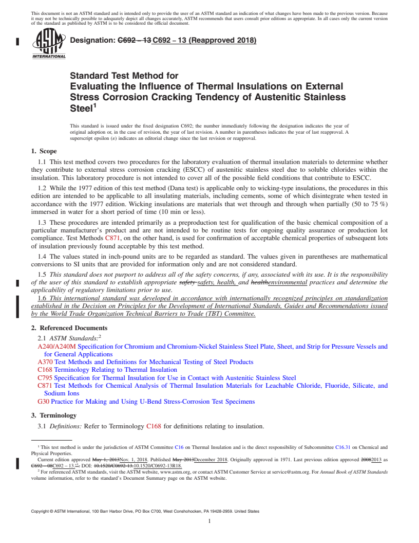 REDLINE ASTM C692-13(2018) - Standard Test Method for  Evaluating the Influence of Thermal Insulations on External  Stress Corrosion Cracking Tendency of Austenitic Stainless Steel