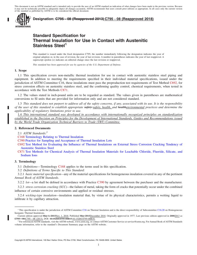 REDLINE ASTM C795-08(2018) - Standard Specification for  Thermal Insulation for Use in Contact with Austenitic Stainless  Steel