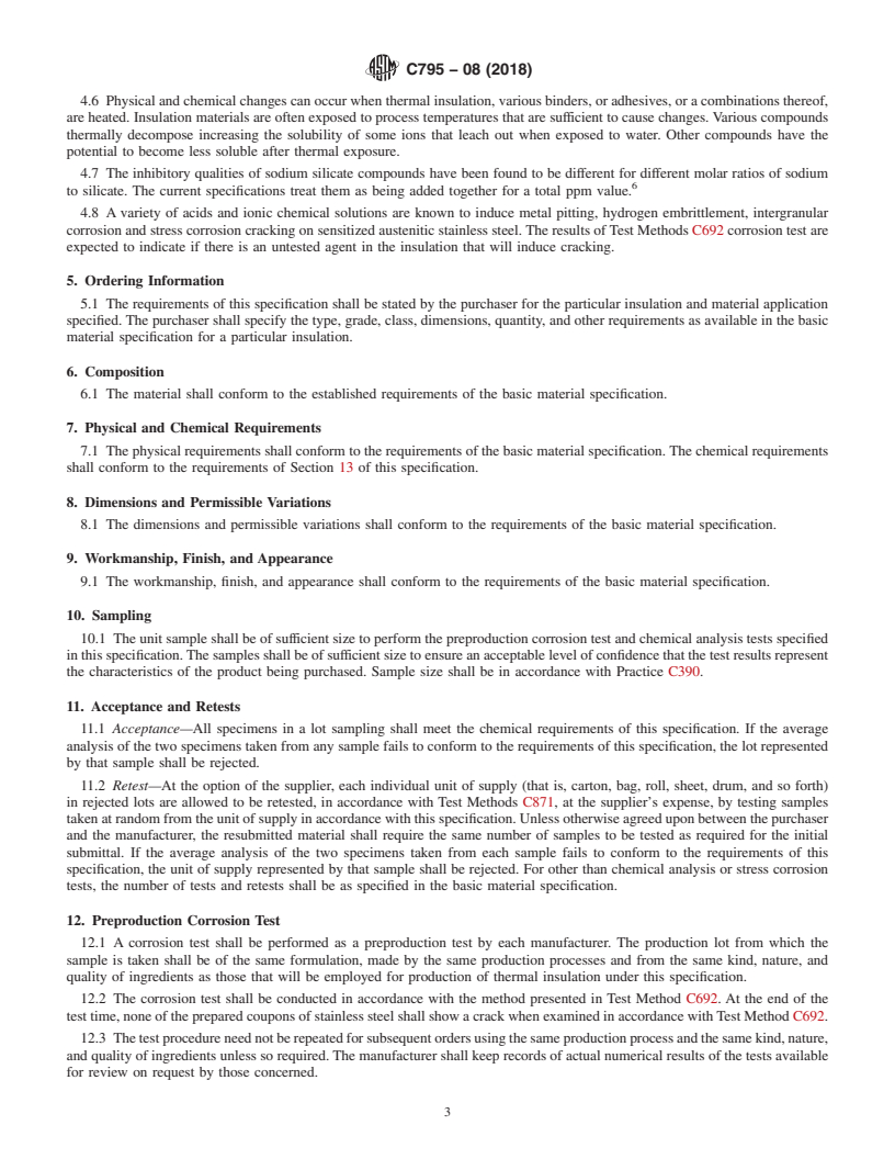 REDLINE ASTM C795-08(2018) - Standard Specification for  Thermal Insulation for Use in Contact with Austenitic Stainless  Steel