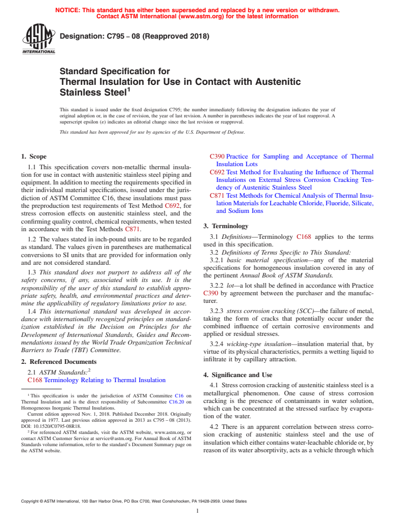 ASTM C795-08(2018) - Standard Specification for  Thermal Insulation for Use in Contact with Austenitic Stainless  Steel