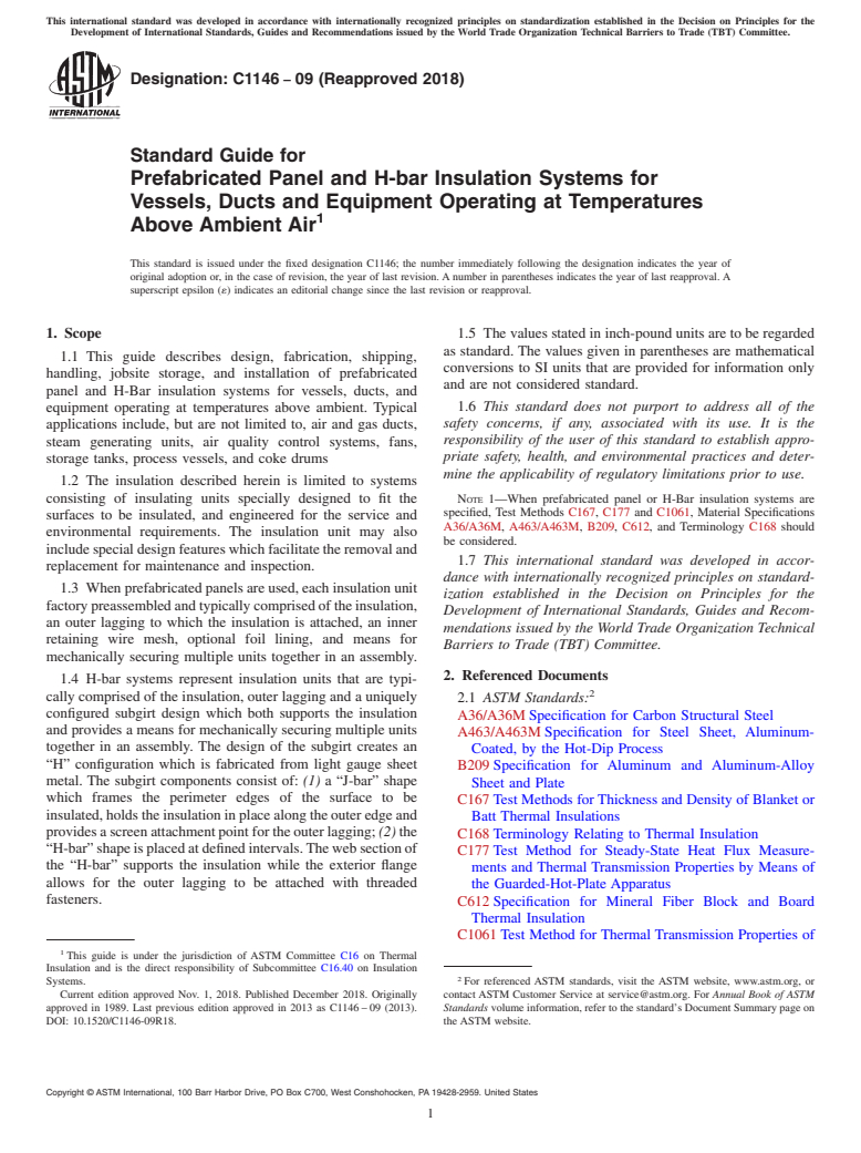 ASTM C1146-09(2018) - Standard Guide for  Prefabricated Panel and H-bar Insulation Systems for Vessels,  Ducts and Equipment Operating at Temperatures Above Ambient Air