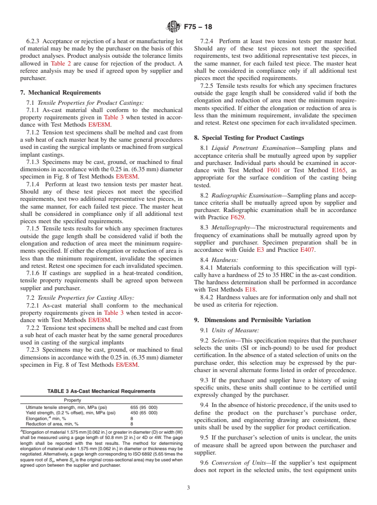 ASTM F75-18 - Standard Specification for  Cobalt-28 Chromium-6 Molybdenum Alloy Castings and Casting  Alloy for  Surgical Implants (UNS R30075)