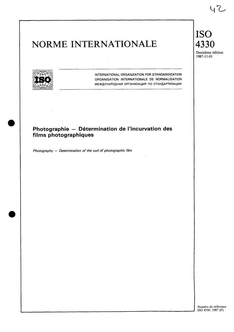 ISO 4330:1987 - Photography — Determination of the curl of photographic film
Released:10/15/1987