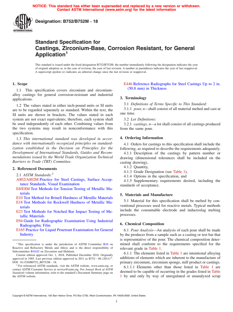 ASTM B752/B752M-18 - Standard Specification for Castings, Zirconium-Base, Corrosion Resistant, for General  Application