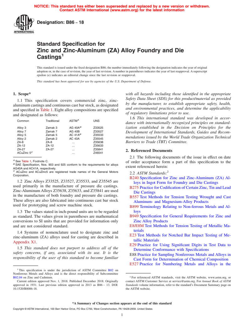 ASTM B86-18 - Standard Specification for Zinc and Zinc-Aluminum (ZA) Alloy Foundry and Die Castings