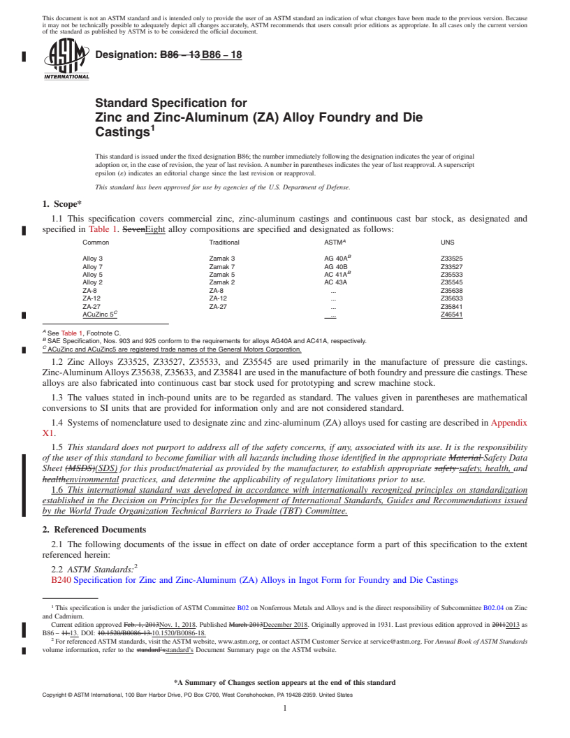 REDLINE ASTM B86-18 - Standard Specification for Zinc and Zinc-Aluminum (ZA) Alloy Foundry and Die Castings