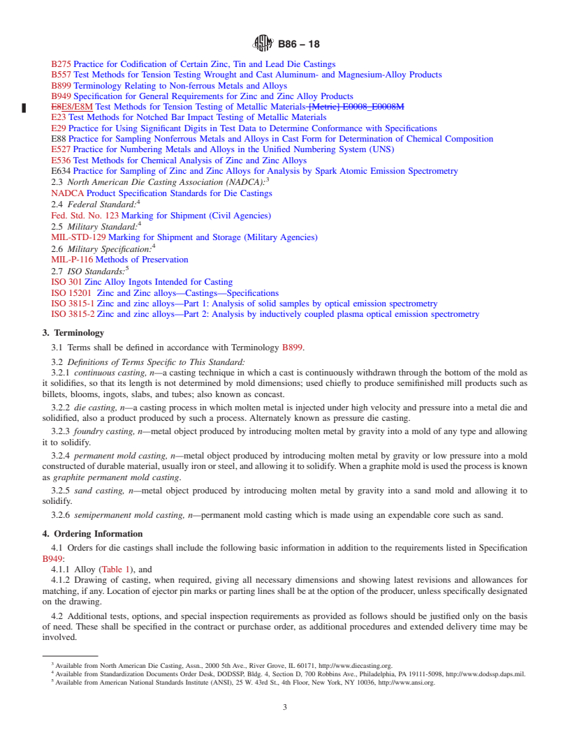 REDLINE ASTM B86-18 - Standard Specification for Zinc and Zinc-Aluminum (ZA) Alloy Foundry and Die Castings