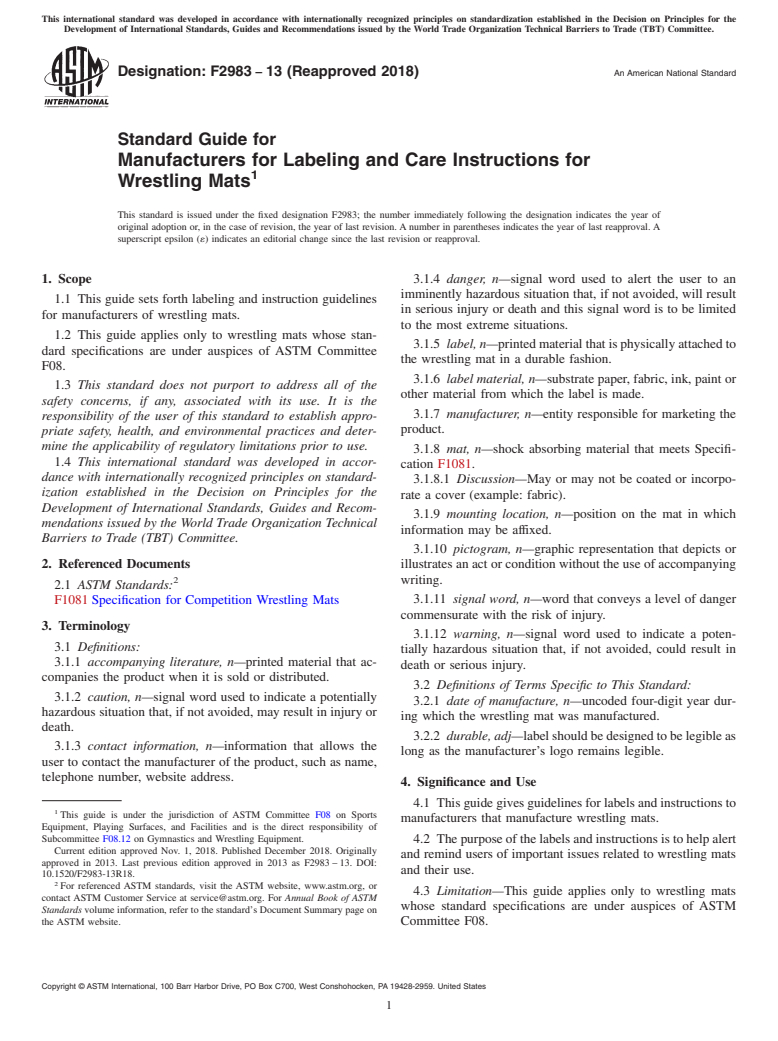 ASTM F2983-13(2018) - Standard Guide for Manufacturers for Labeling and Care Instructions for Wrestling  Mats