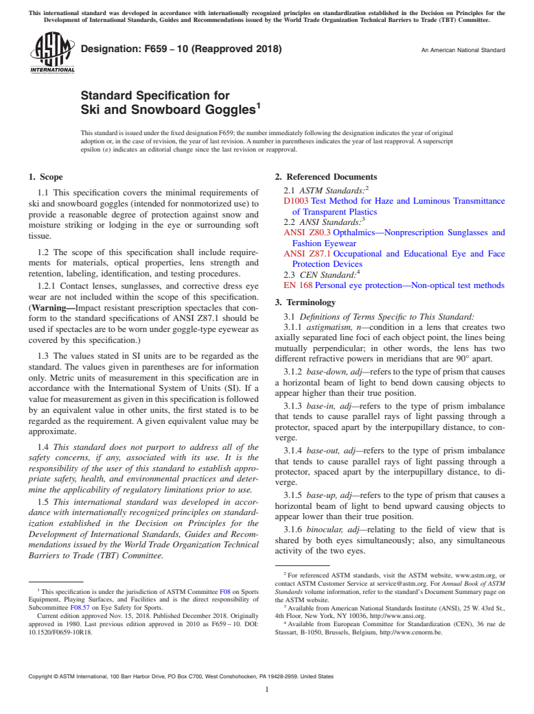 ASTM F659-10(2018) - Standard Specification for  Ski and Snowboard Goggles