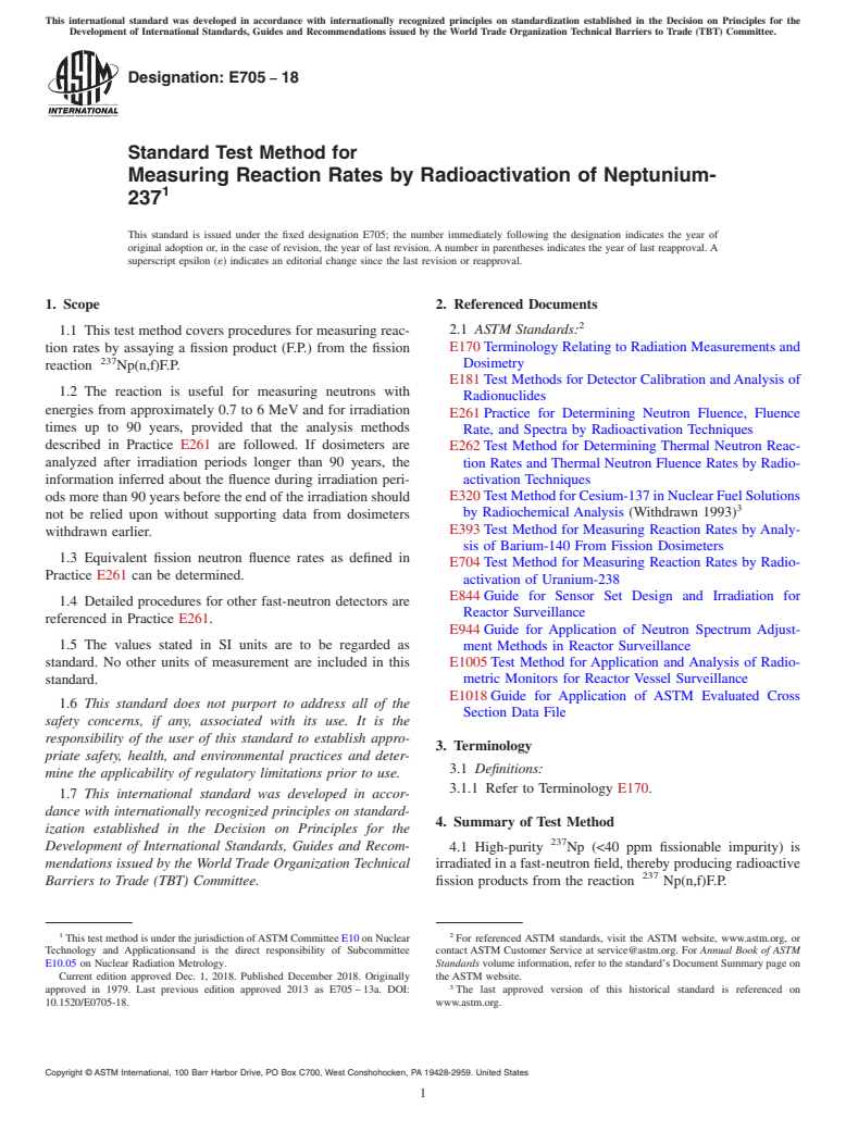 ASTM E705-18 - Standard Test Method for  Measuring Reaction Rates by Radioactivation of Neptunium-237