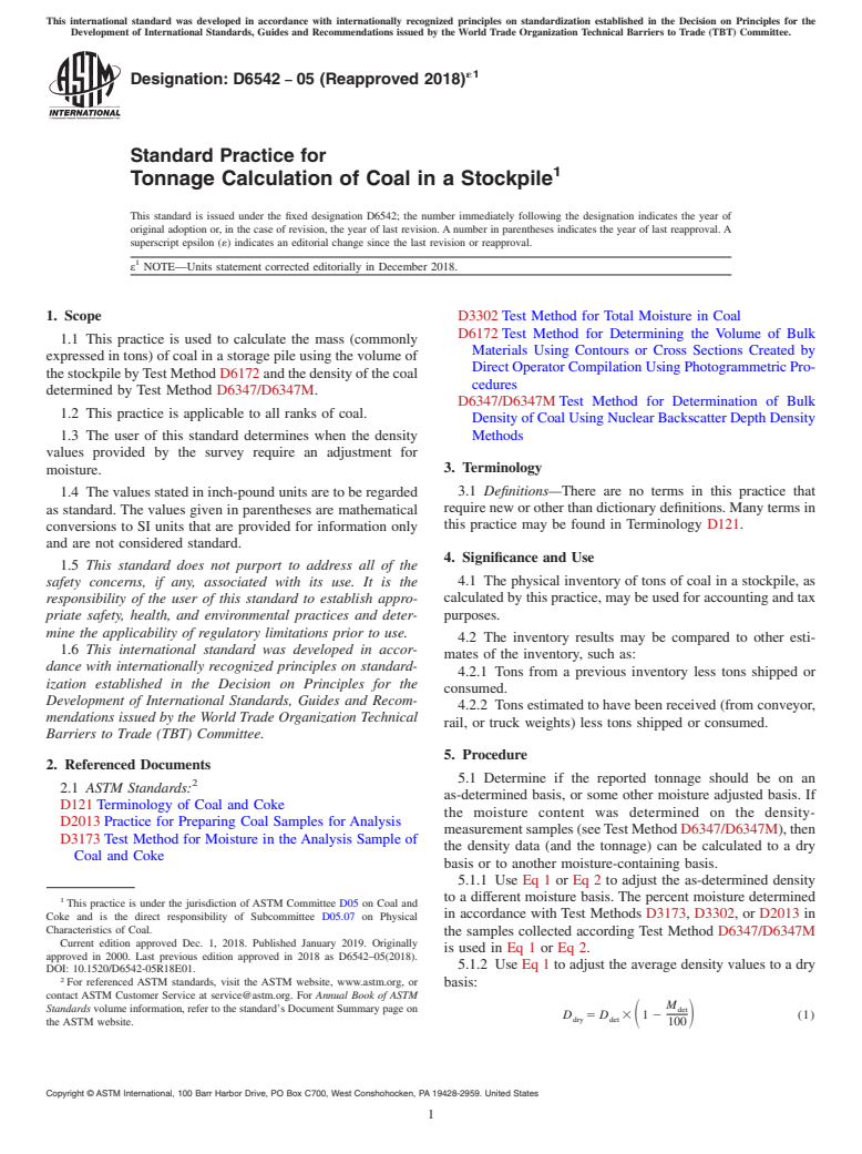 ASTM D6542-05(2018)e1 - Standard Practice for  Tonnage Calculation of Coal in a Stockpile