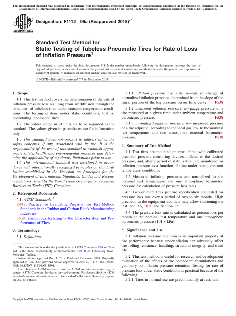 ASTM F1112-06A(2018)e1 - Standard Test Method for  Static Testing of Tubeless Pneumatic Tires for Rate of Loss  of Inflation Pressure