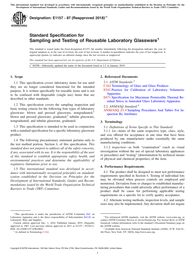 ASTM E1157-87(2018)e1 - Standard Specification for  Sampling and Testing of Reusable Laboratory Glassware