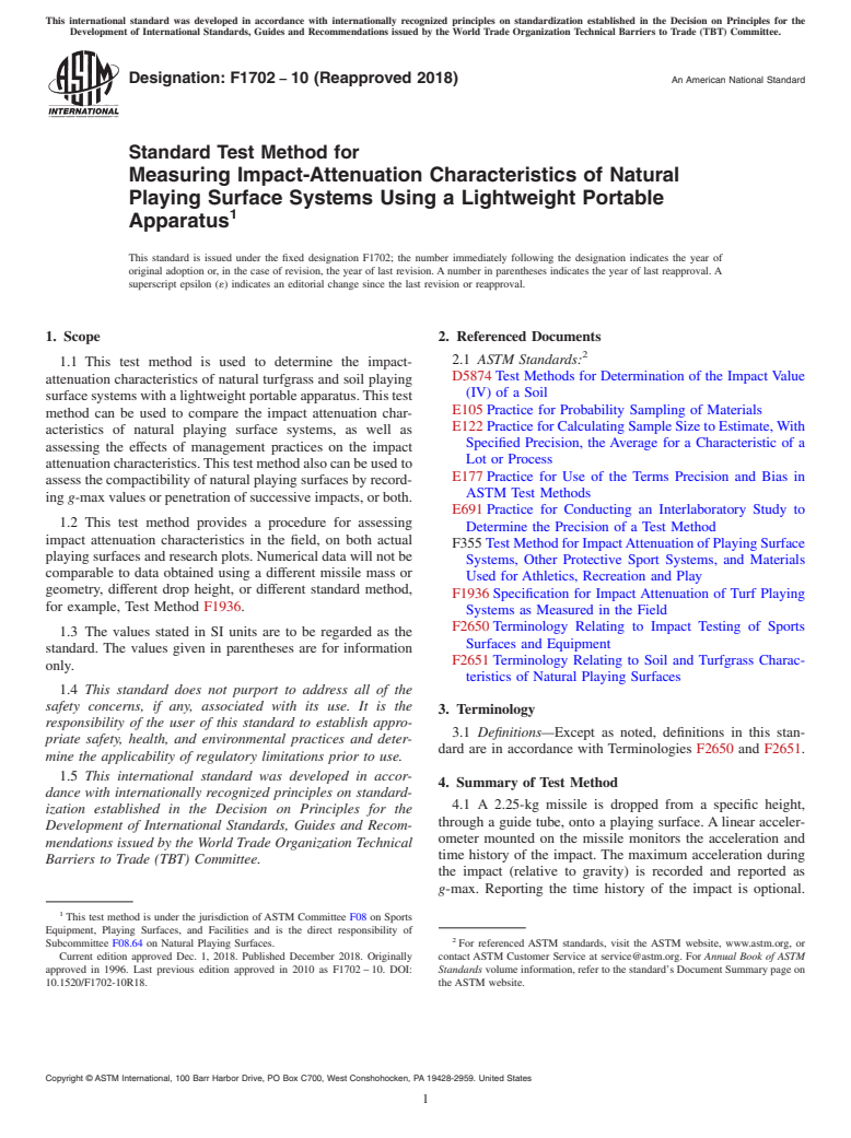 ASTM F1702-10(2018) - Standard Test Method for  Measuring Impact-Attenuation Characteristics of Natural Playing  Surface Systems Using a Lightweight Portable Apparatus