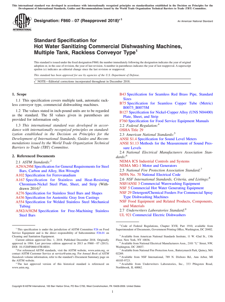 ASTM F860-07(2018)e1 - Standard Specification for  Hot Water Sanitizing Commercial Dishwashing Machines, Multiple  Tank, Rackless Conveyor Type