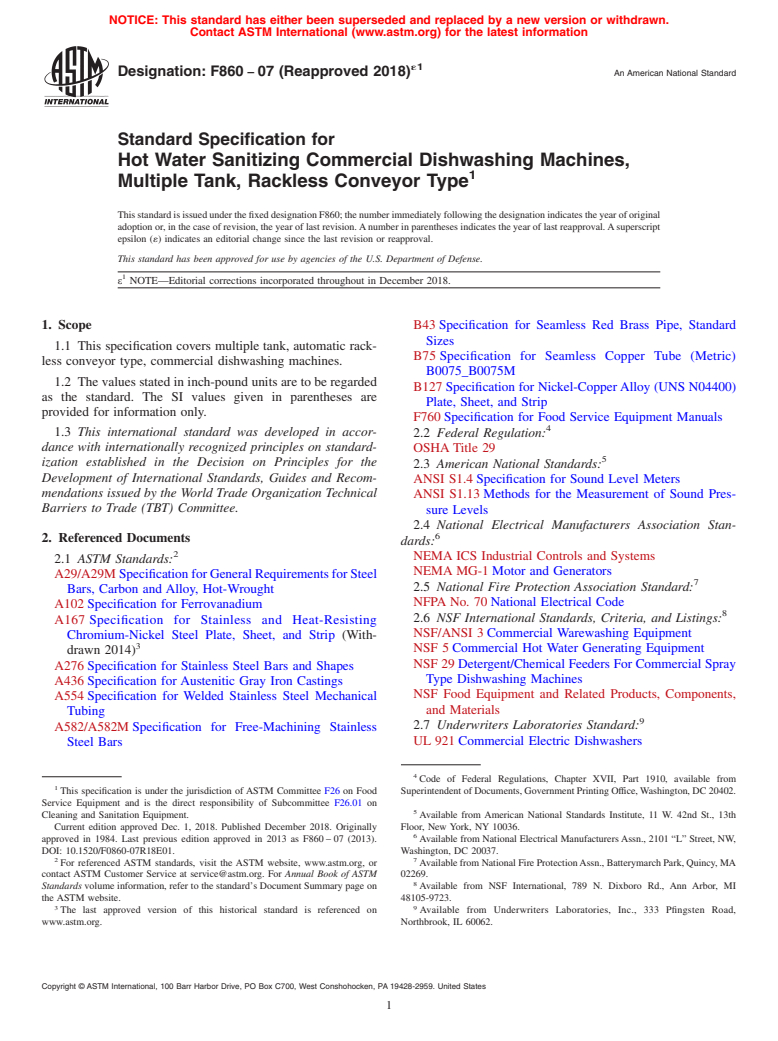 ASTM F860-07(2018)e1 - Standard Specification for  Hot Water Sanitizing Commercial Dishwashing Machines, Multiple  Tank, Rackless Conveyor Type