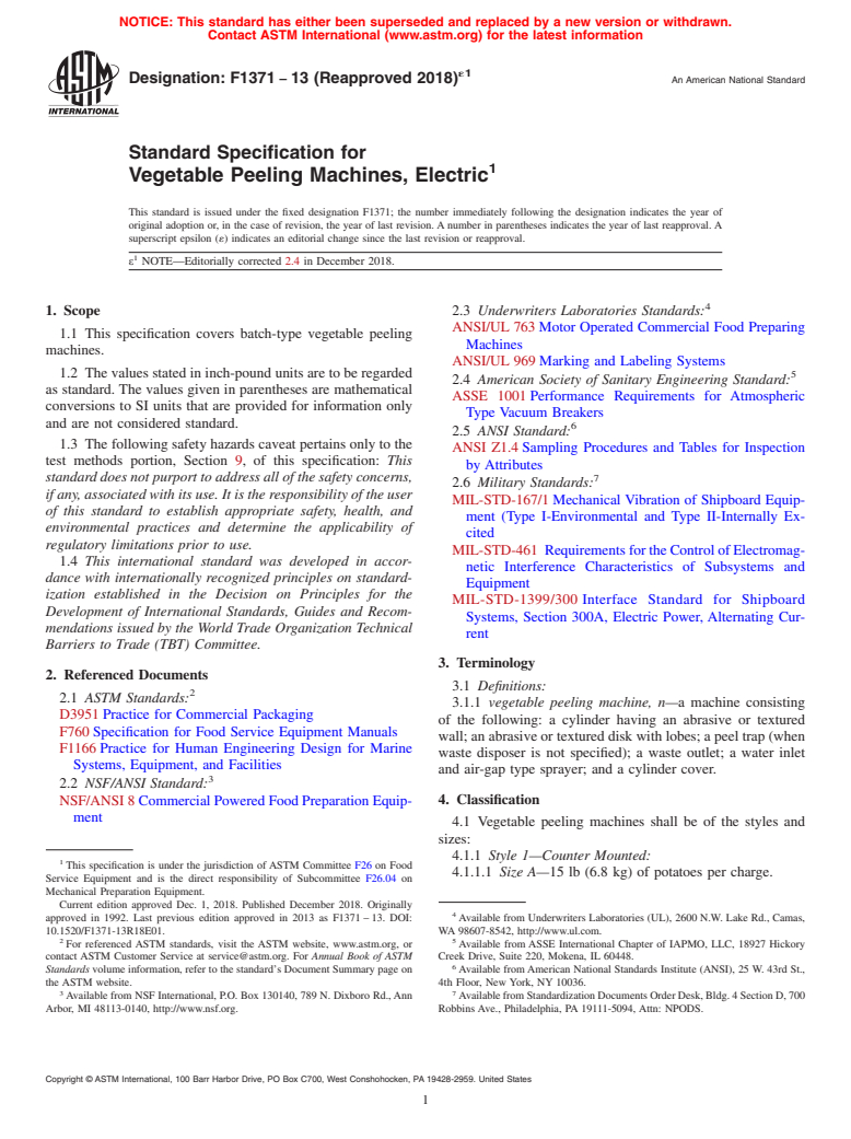 ASTM F1371-13(2018)e1 - Standard Specification for  Vegetable Peeling Machines, Electric