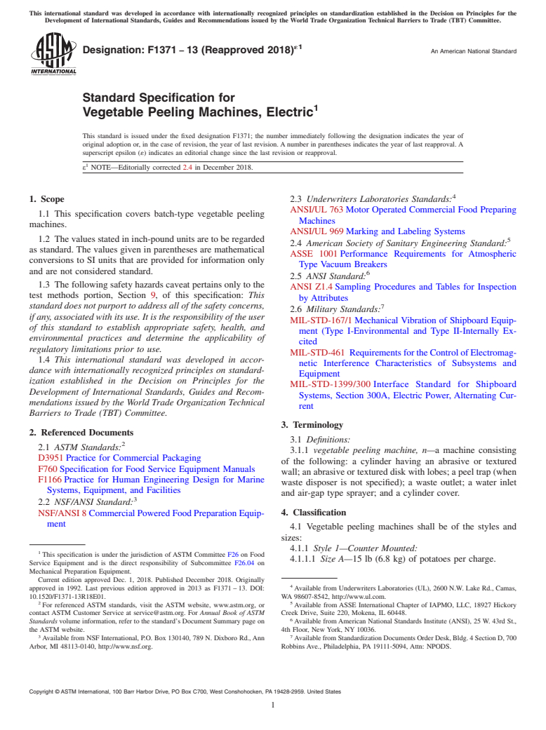 ASTM F1371-13(2018)e1 - Standard Specification for  Vegetable Peeling Machines, Electric