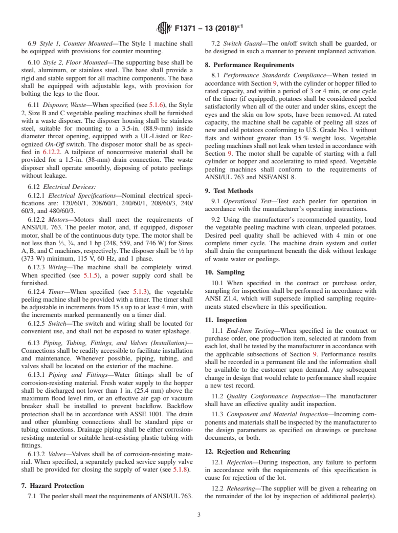 ASTM F1371-13(2018)e1 - Standard Specification for  Vegetable Peeling Machines, Electric