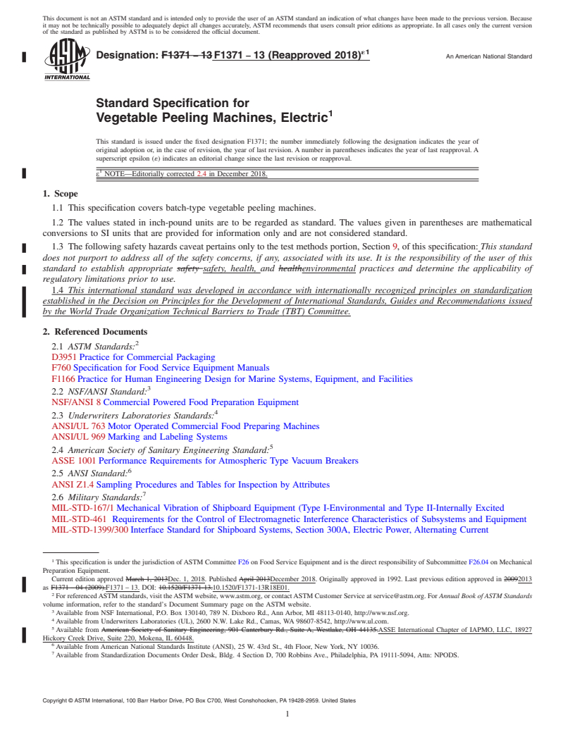 REDLINE ASTM F1371-13(2018)e1 - Standard Specification for  Vegetable Peeling Machines, Electric