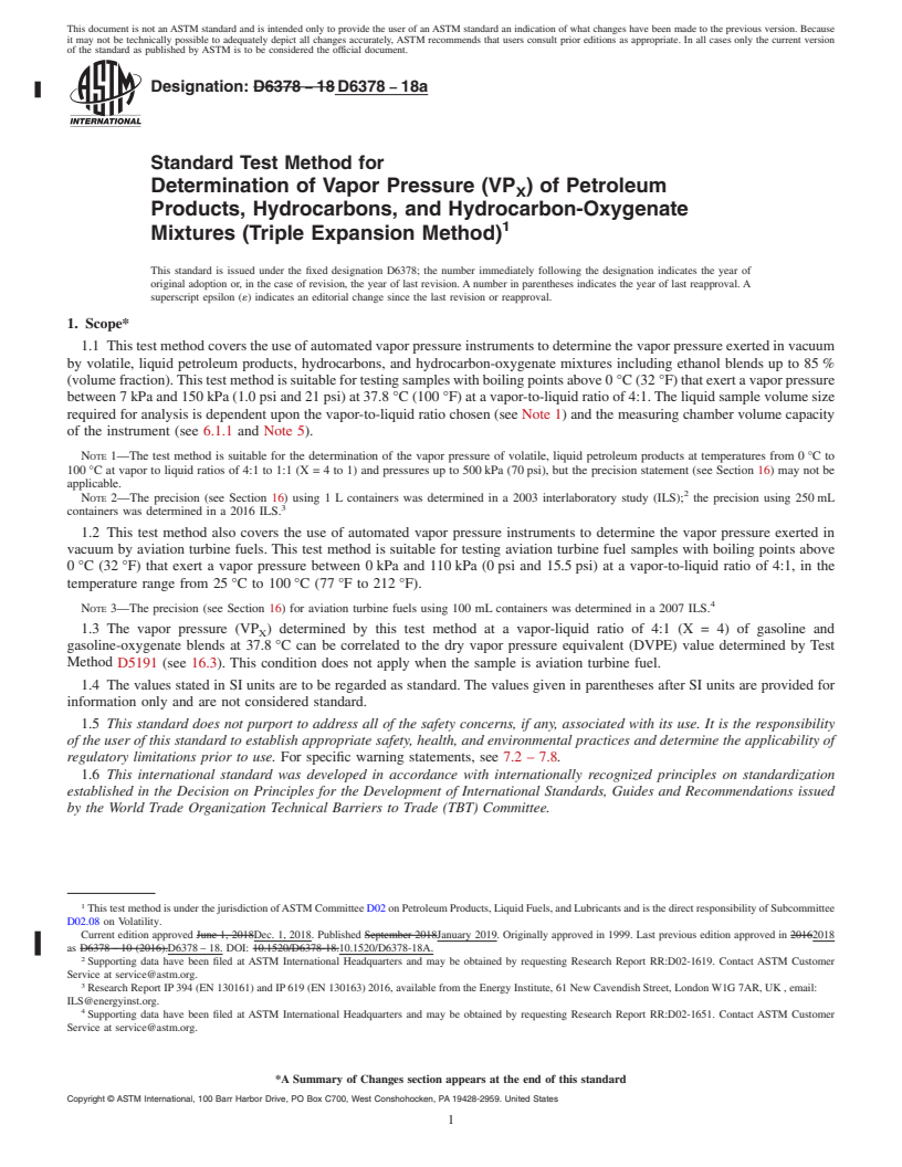 REDLINE ASTM D6378-18a - Standard Test Method for  Determination of Vapor Pressure (VP<inf>X</inf>) of Petroleum   Products, Hydrocarbons, and Hydrocarbon-Oxygenate Mixtures (Triple   Expansion Method)