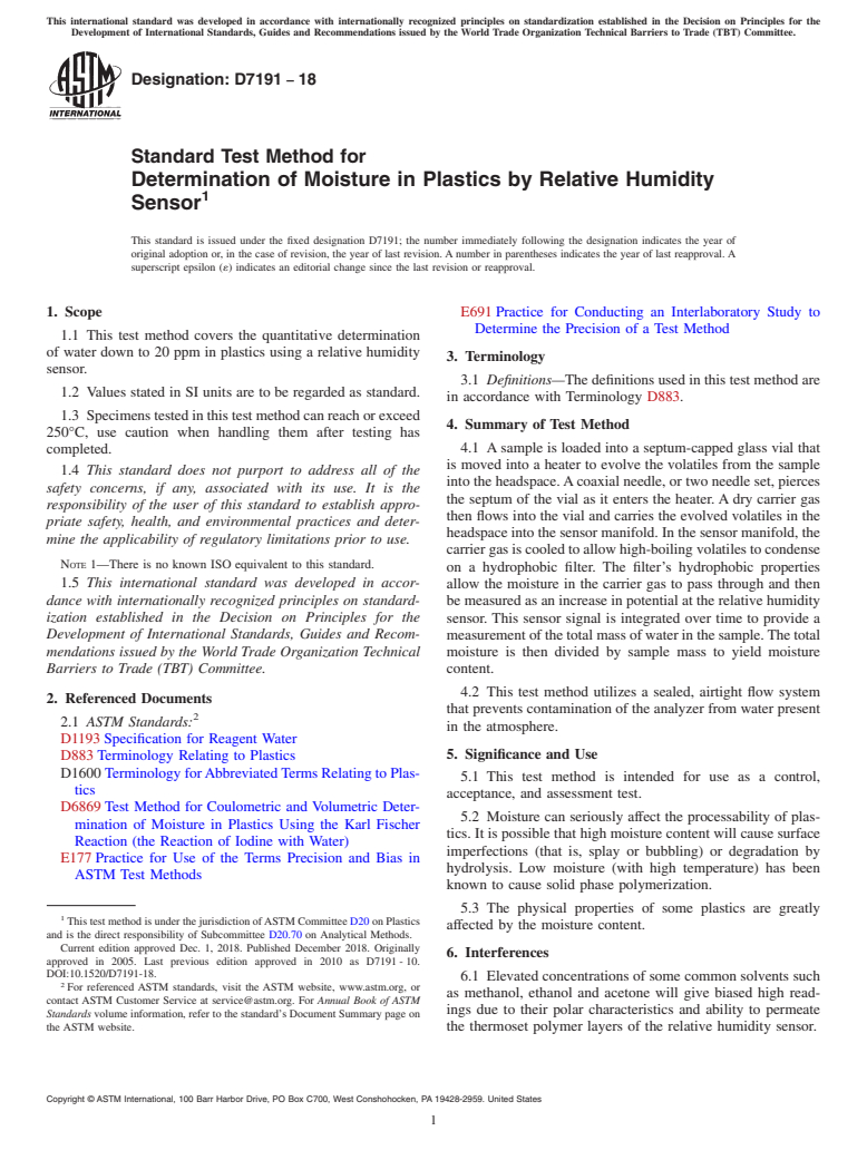 ASTM D7191-18 - Standard Test Method for  Determination of Moisture in Plastics by Relative Humidity  Sensor