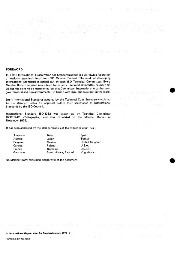 ISO 4332:1977 ISO 4332:1977 - Photography -- Processed photographic film for archival records -- Silver-gelatin type on poly(ethylene terephthalate) base -- Specifications - Page 2 preview