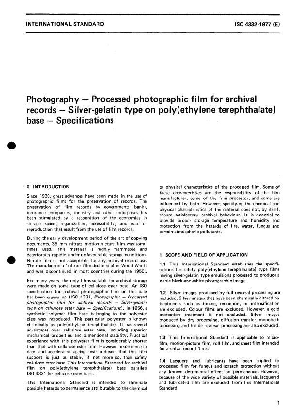 ISO 4332:1977 - Photography -- Processed photographic film for archival records -- Silver-gelatin type on poly(ethylene terephthalate) base -- Specifications
