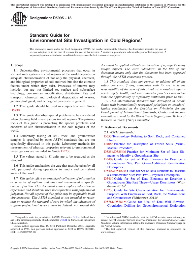 ASTM D5995-18 - Standard Guide for  Environmental Site Investigation in Cold Regions
