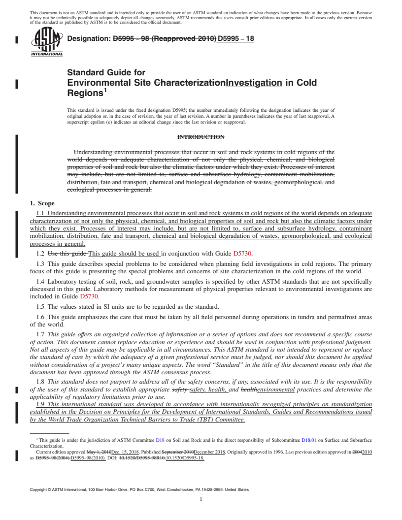 REDLINE ASTM D5995-18 - Standard Guide for  Environmental Site Investigation in Cold Regions